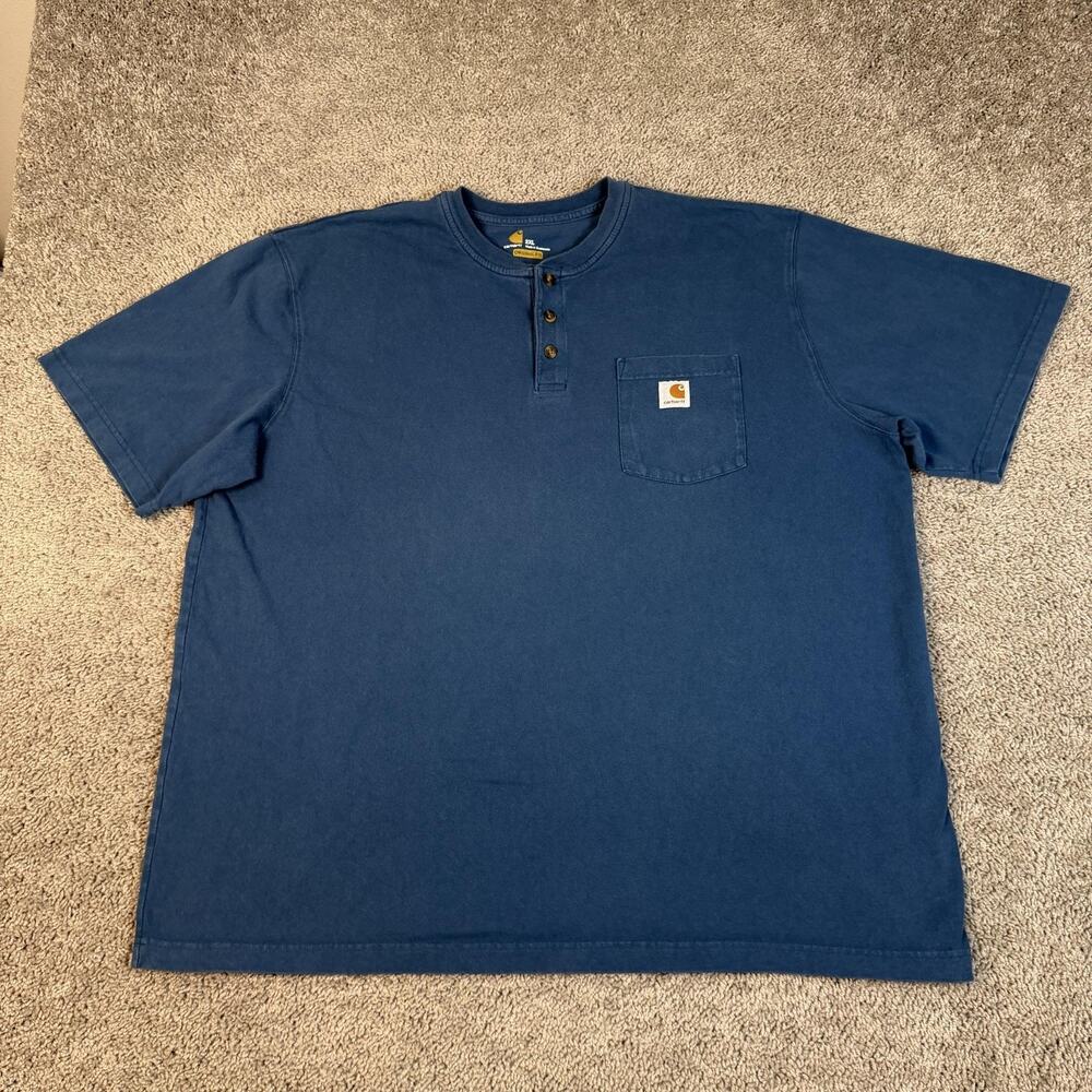 Carhartt Shirt Mens 2XL Blue Henley Pocket Logo Cotton Tagless Original Fit